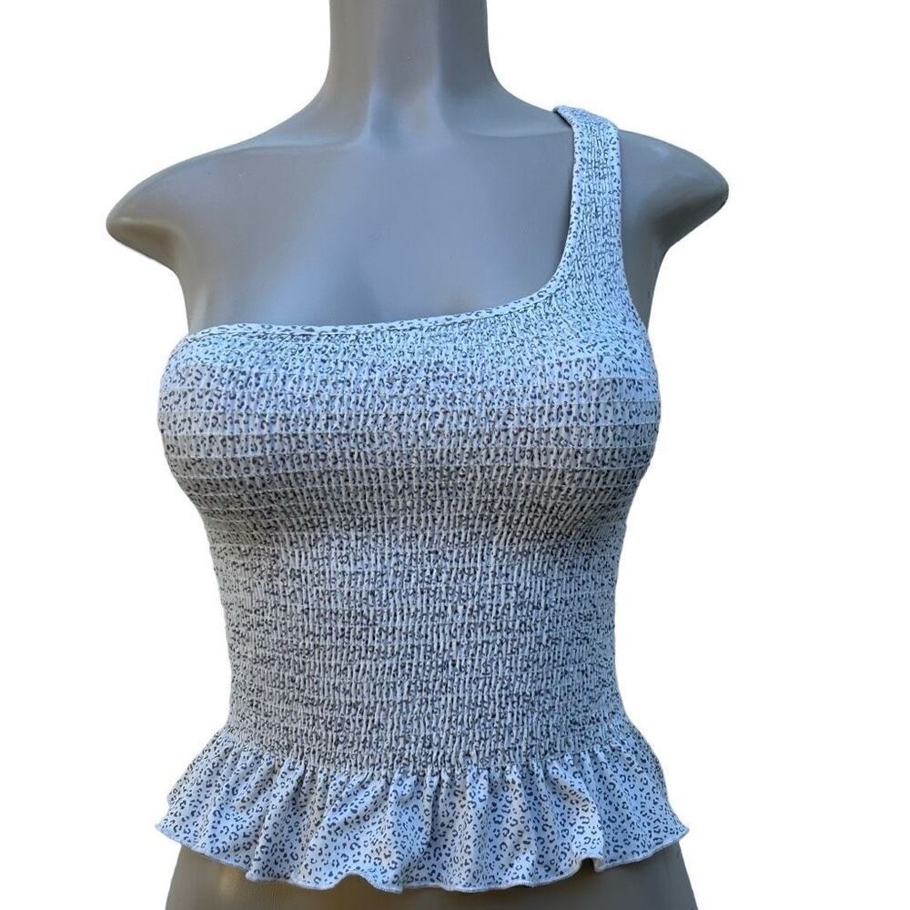 Gaze Peplum Crop Top XS White Gray Animal Print Smocked One Shoulder Ruffle Hem - Picture 2 of 9